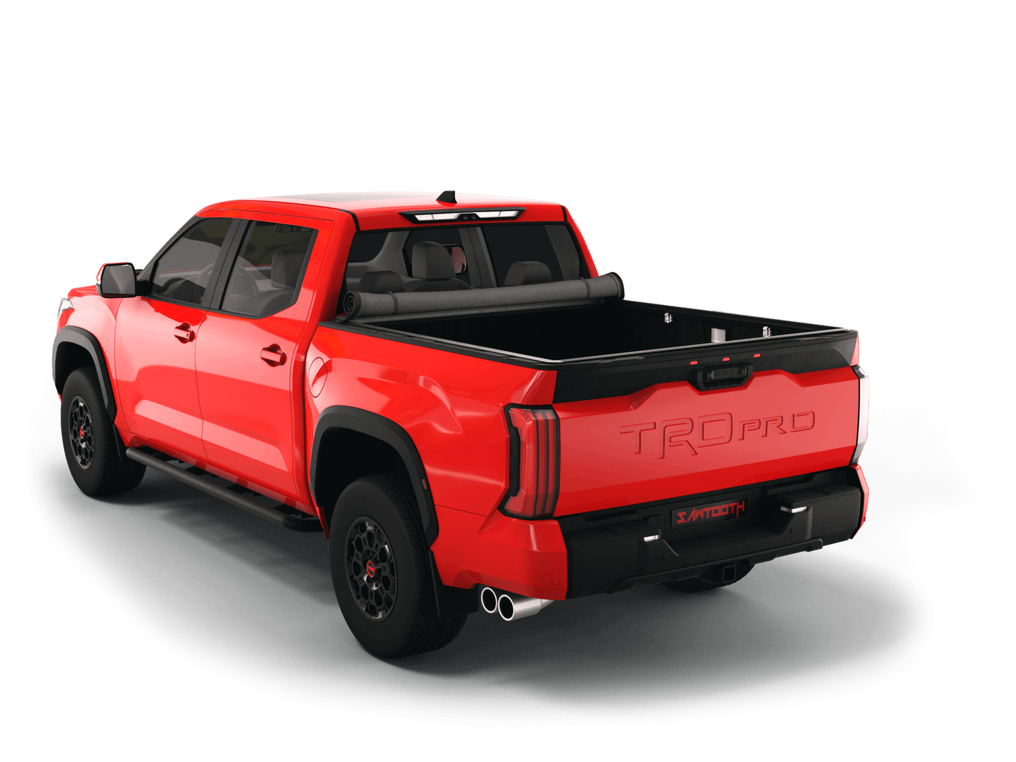 Red Toyota Tundra with Sawtooth Stretch expandable soft roll up tonneau cover with ladder and open tailgate