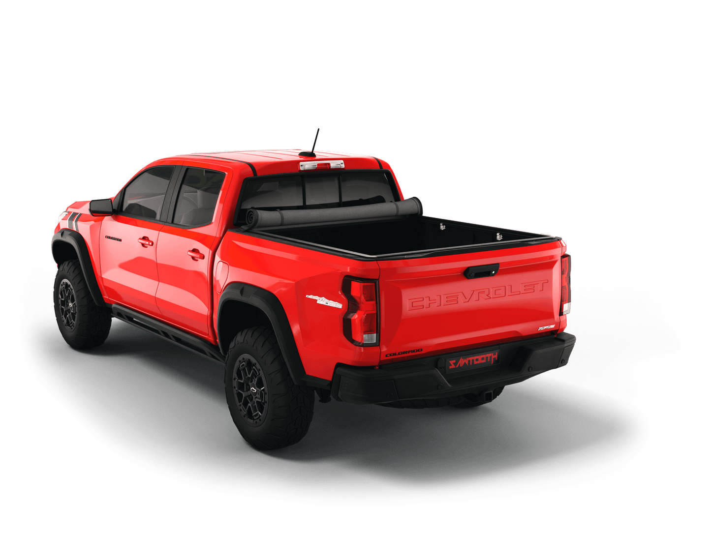 Red Chevrolet Colorado / GMC Canyon with Sawtooth Stretch expandable soft roll up tonneau cover with ladder and open tailgate