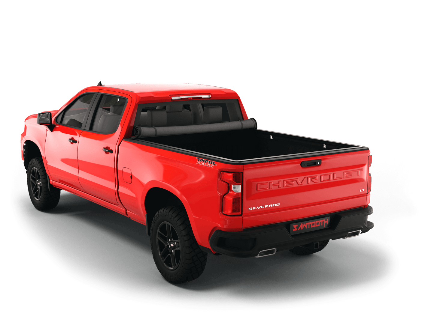 Red Chevrolet Silverado 1500 / GMC Sierra 1500 with Sawtooth Stretch expandable soft roll up tonneau cover with ladder and open tailgate