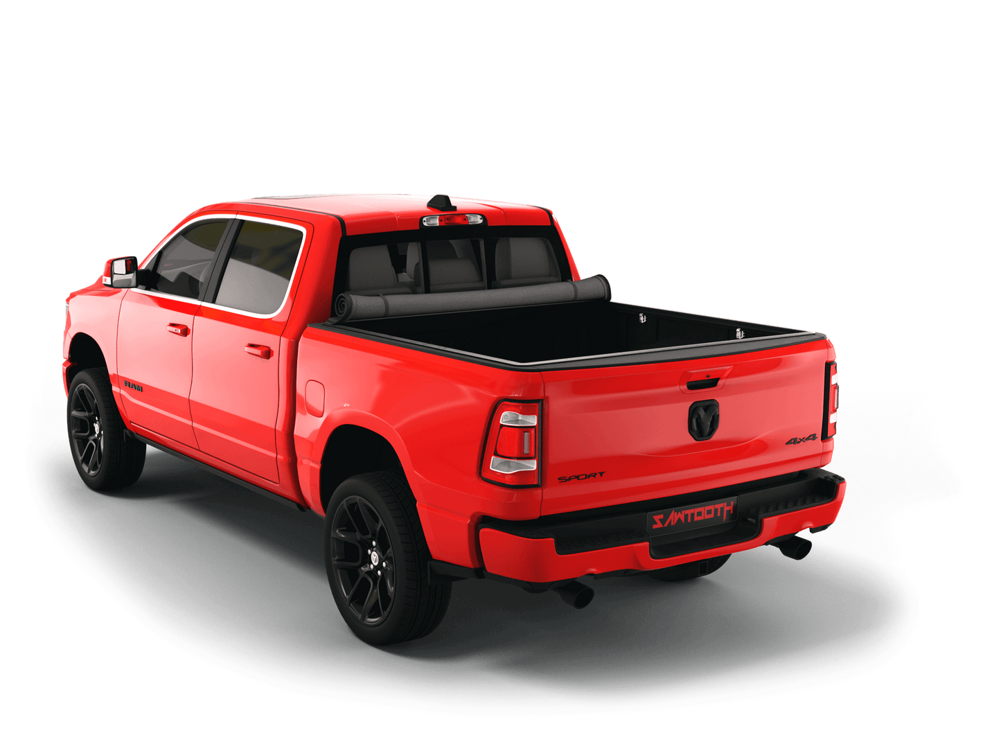 Red Ram 1500 with Sawtooth Stretch expandable soft roll up tonneau cover with ladder and open tailgate
