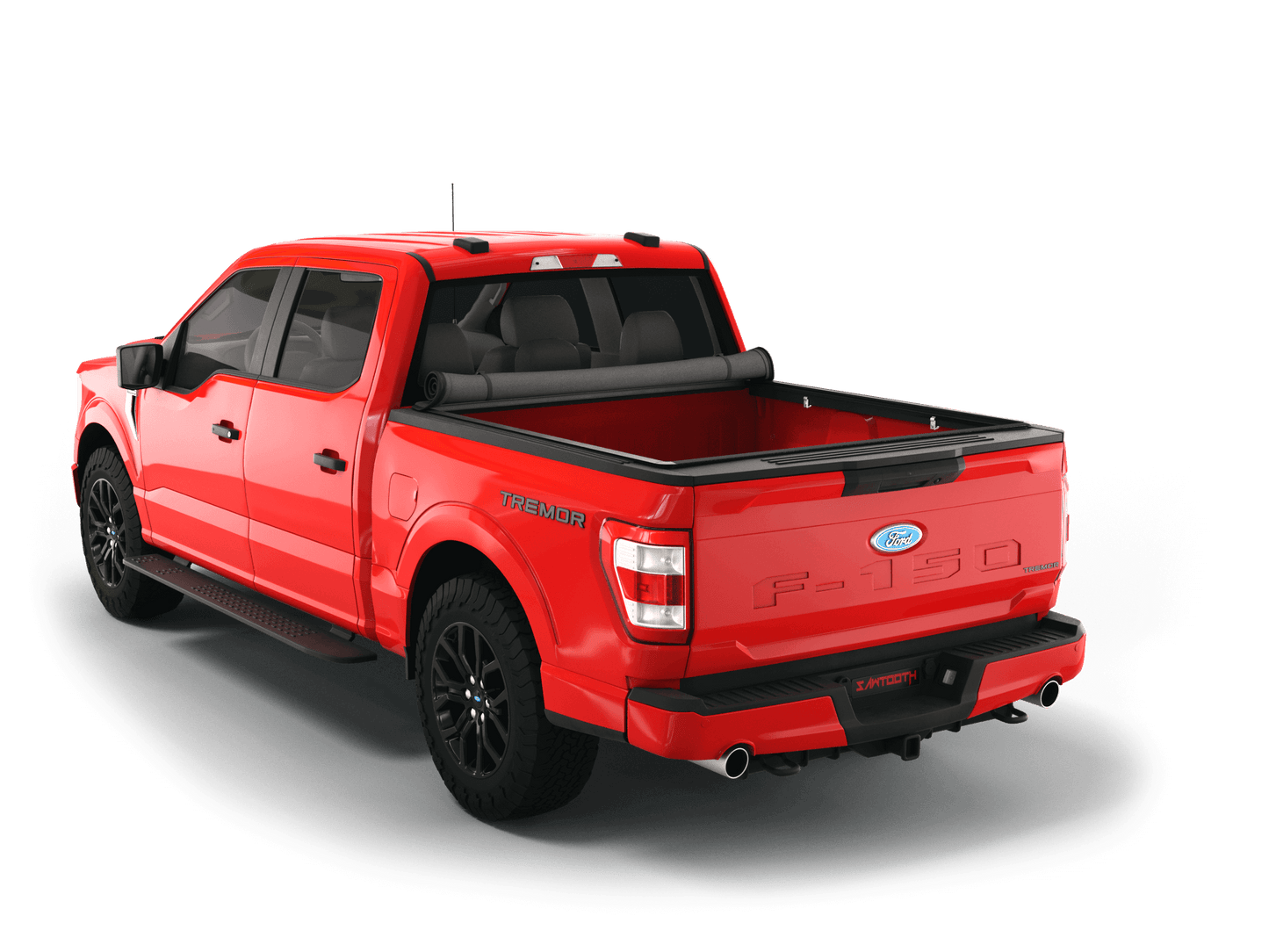 Red Ford F-150 with Sawtooth Stretch expandable soft roll up tonneau cover with ladder and open tailgate