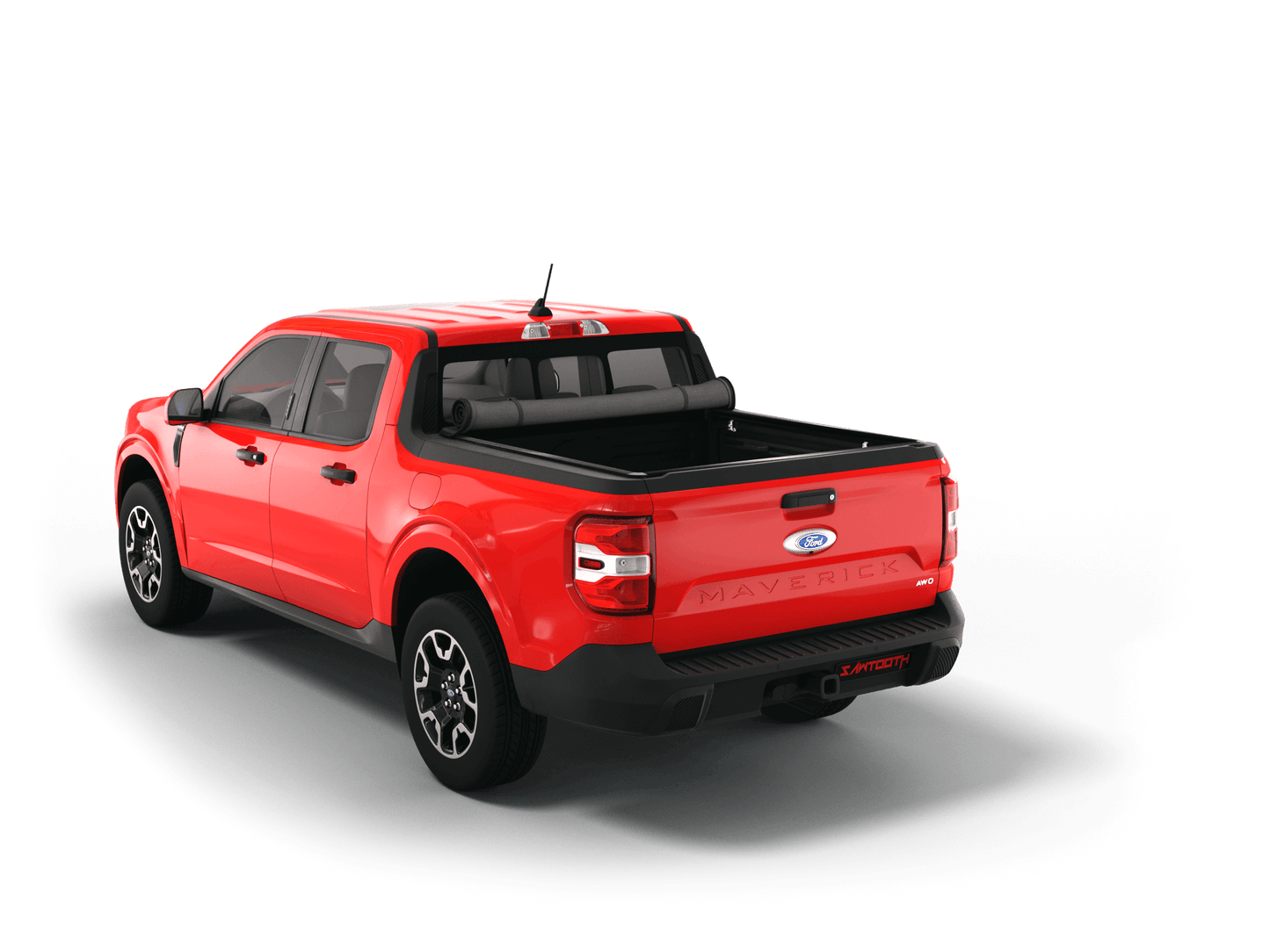 Red 2023 Ford Maverick with Sawtooth Stretch expandable soft roll up tonneau cover with ladder and open tailgate