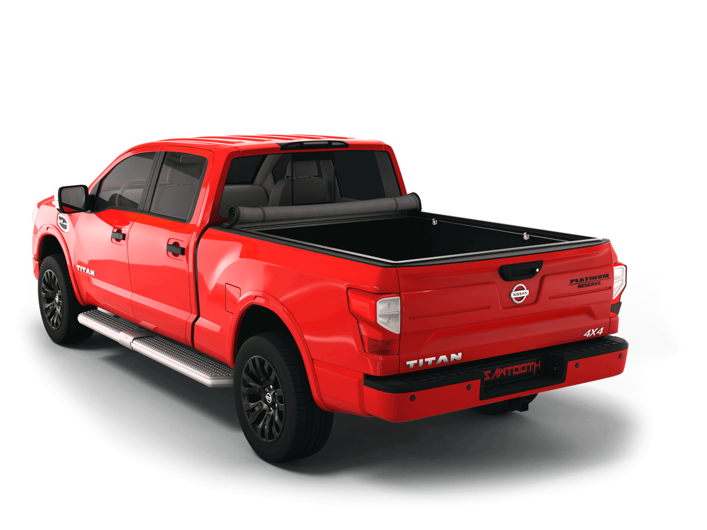 Red Nissan Titan with Sawtooth Stretch expandable soft roll up tonneau cover with ladder and open tailgate