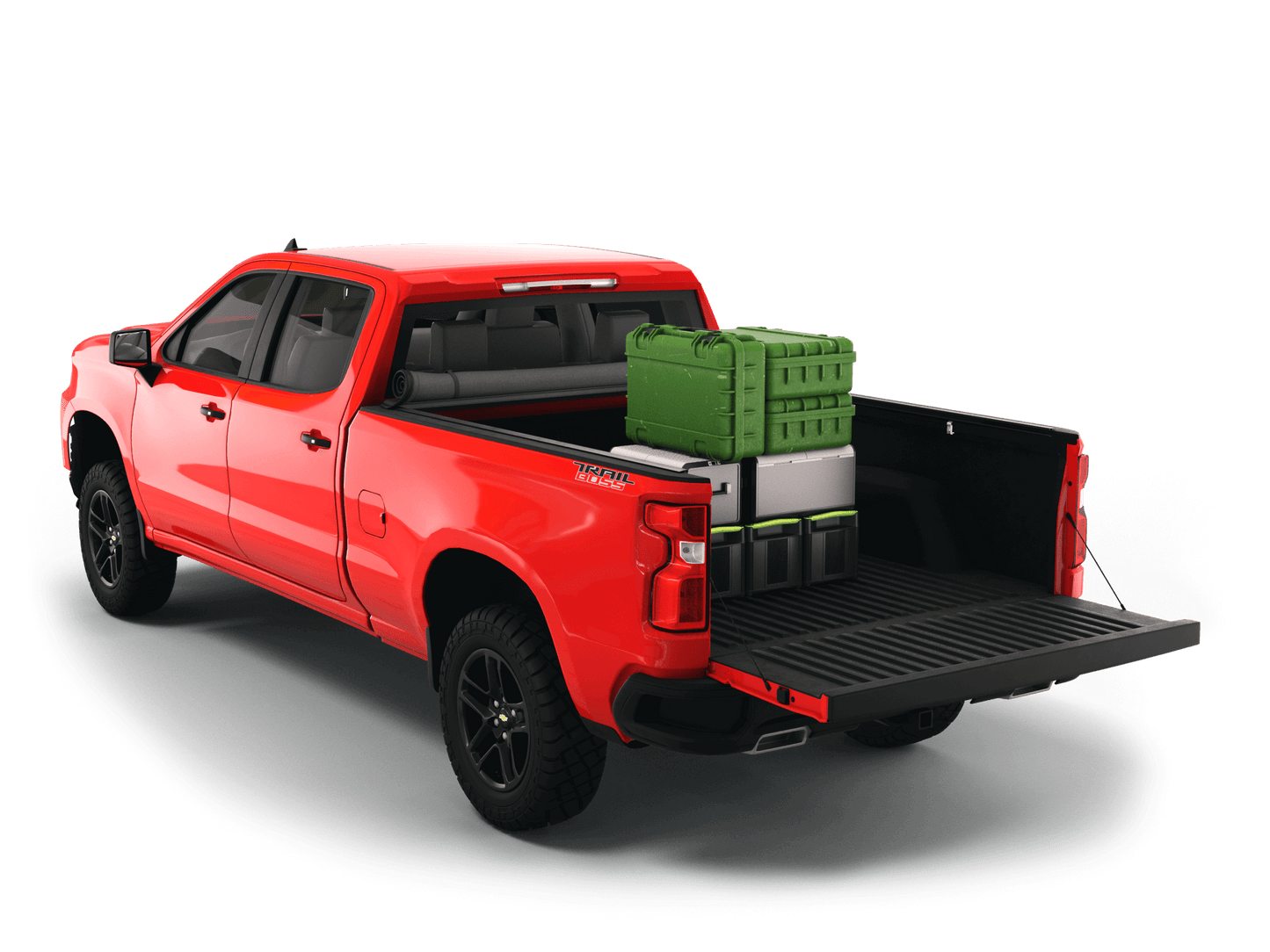 Red Chevrolet Silverado 1500 / GMC Sierra 1500 with gear in the truck bed and the Sawtooth Stretch tonneau cover rolled up at cab