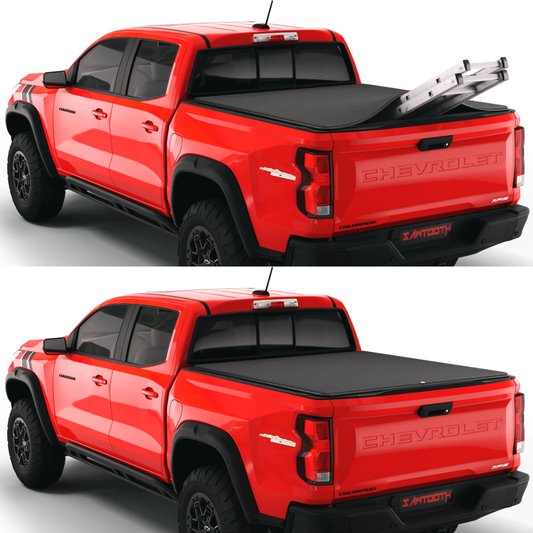 Sawtooth STRETCH on Chevy Colorado shown covering an elevated ladder and flat in normal use.