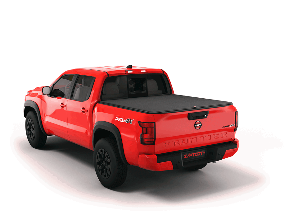 Red 2022 Nissan Frontier 6' Bed with Sawtooth Stretch expandable tonneau cover