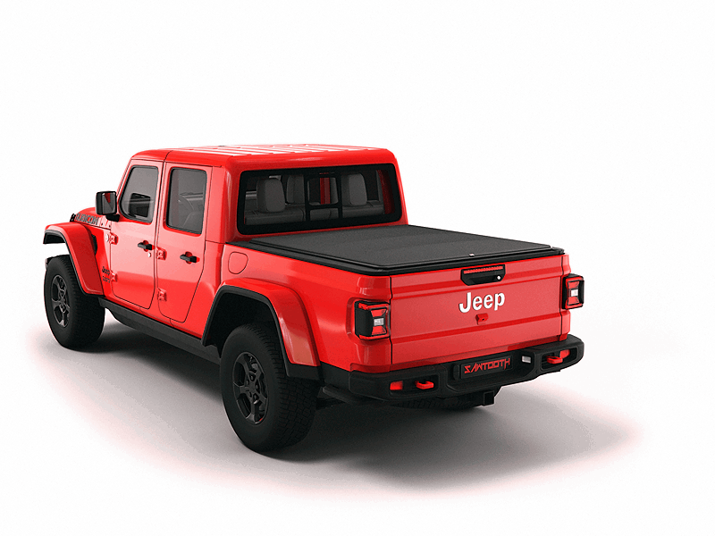 Red Jeep Gladiator with Sawtooth Stretch expandable tonneau cover