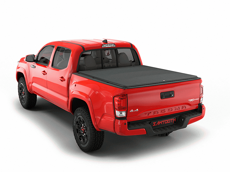 Red Toyota Tacoma with Sawtooth Stretch expandable tonneau cover