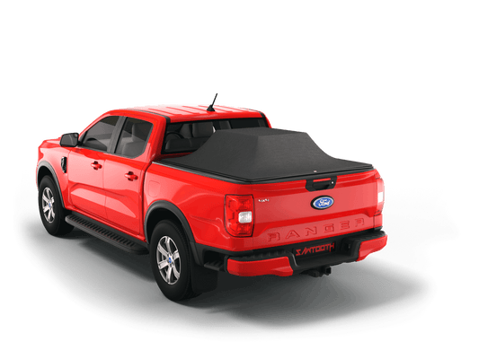 A red Ford Ranger pickup truck shown from a rear three-quarter angle on a clean white background, fitted with a black tonneau-style bed cover.