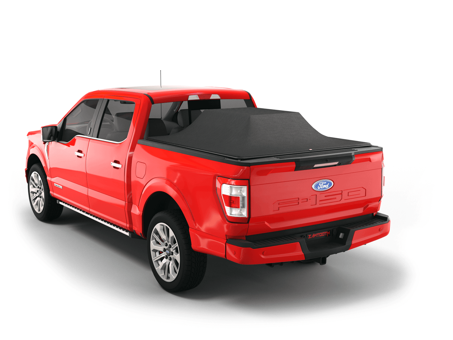Red Ford F-150 truck with a tonneau cover on a white background