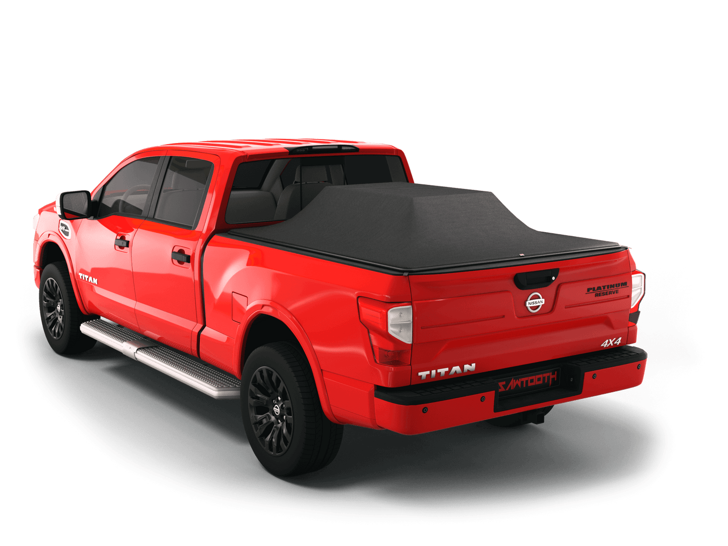 Red Nissan Titan with loaded and expanded Sawtooth Stretch pickup truck bed cover