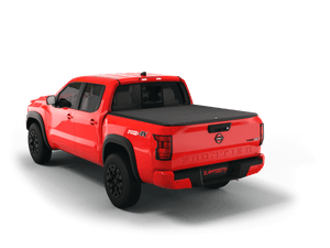 Red 2024 Nissan Frontier 6' Bed with flat Sawtooth Stretch expandable tonneau cover