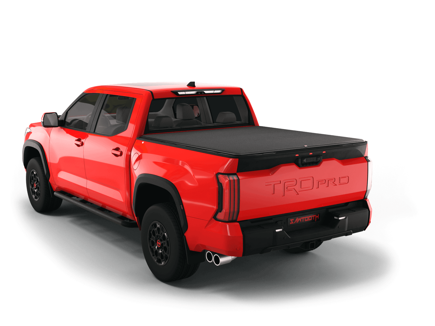 Red Toyota Tundra with flat Sawtooth Stretch expandable tonneau cover