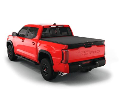 Red Toyota Tundra with flat Sawtooth Stretch expandable tonneau cover