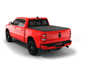 Red 2021 Ram 1500 6' 4" Bed with flat Sawtooth Stretch expandable tonneau cover