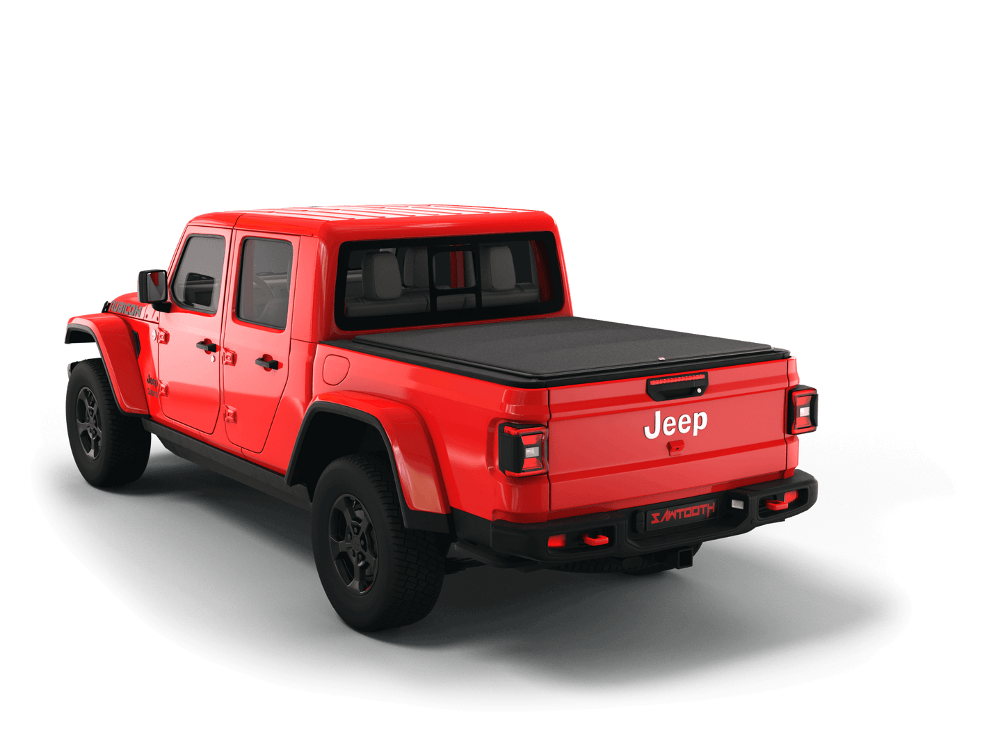 Red Jeep Gladiator with flat Sawtooth Stretch expandable tonneau cover