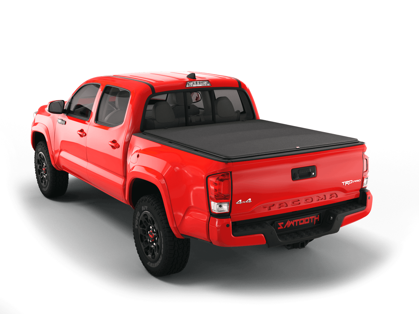 Red Toyota Tacoma with flat Sawtooth Stretch expandable tonneau cover