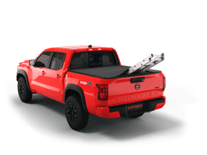 Red 2022 Nissan Frontier 6' Bed with ladder sticking out of Sawtooth Stretch expandable truck bed cover