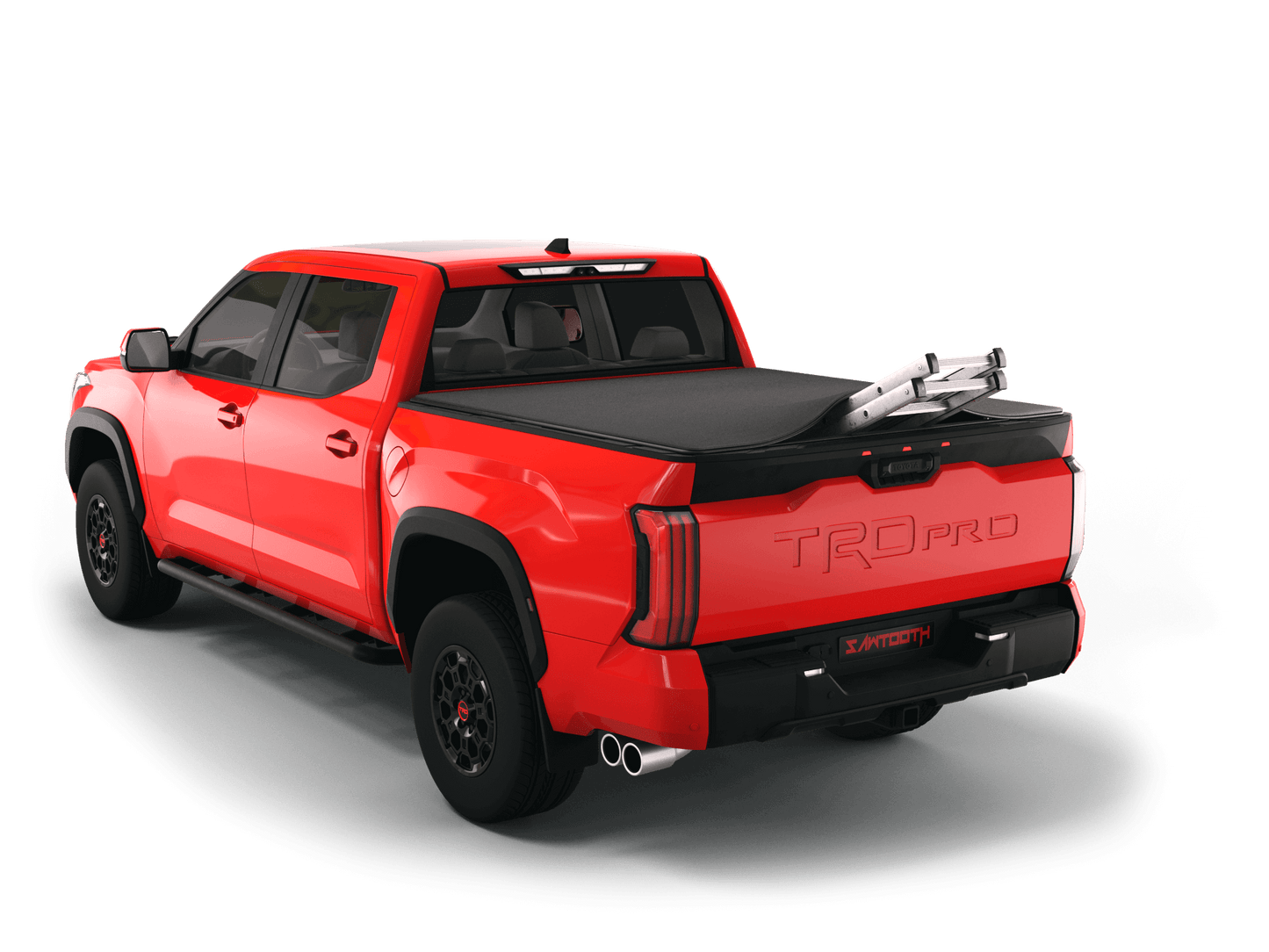 Red Toyota Tundra with ladder sticking out of Sawtooth Stretch expandable truck bed cover