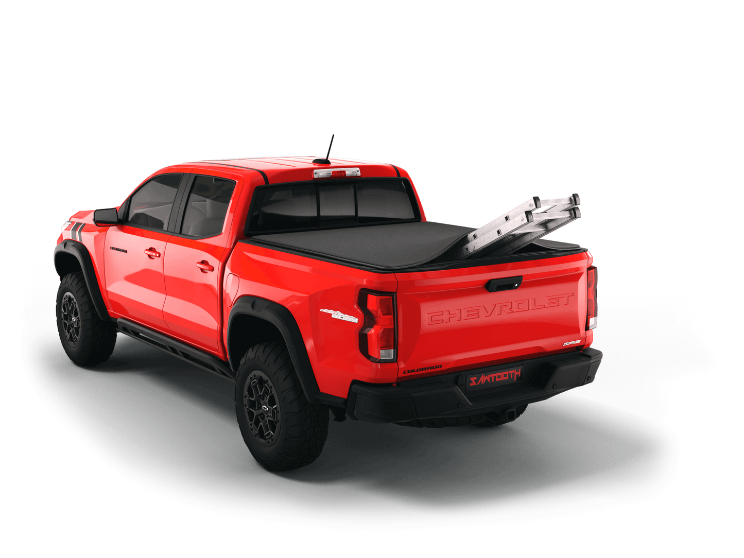 Red Chevrolet Colorado / GMC Canyon with ladder sticking out of Sawtooth Stretch expandable truck bed cover