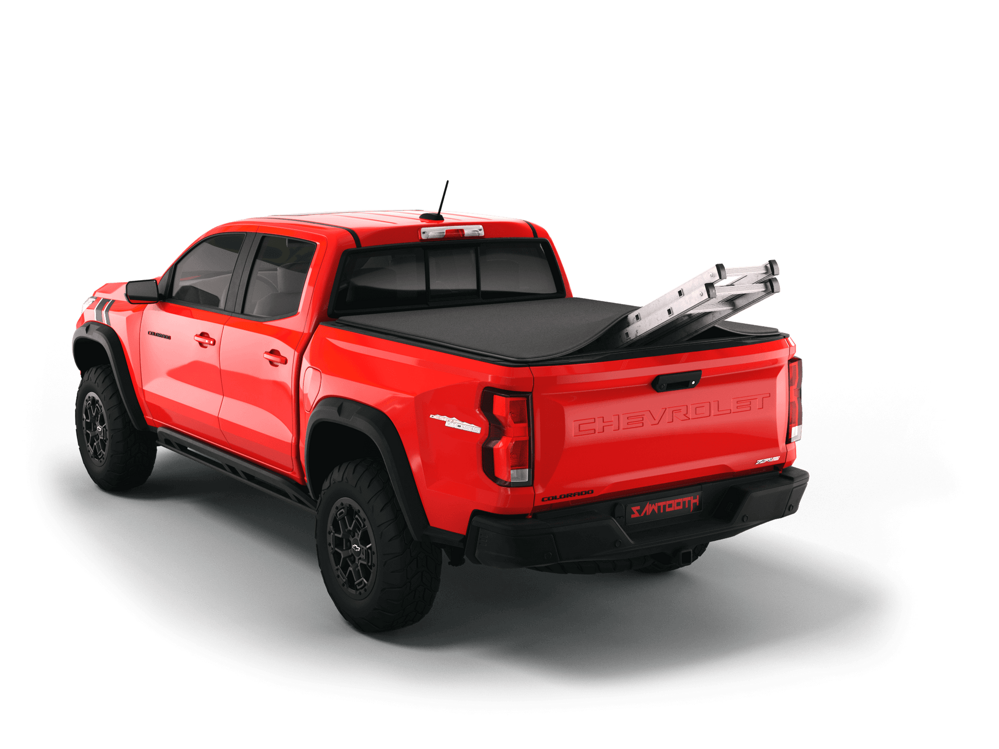 Red Chevrolet Colorado / GMC Canyon with ladder sticking out of Sawtooth Stretch expandable truck bed cover