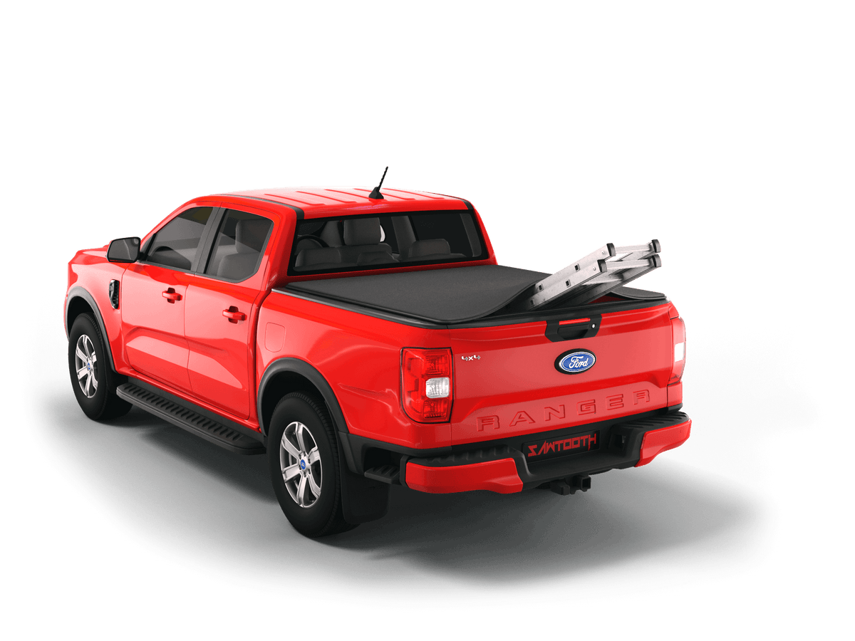 A red Ford Ranger pickup truck shown from a rear three-quarter angle on a clean white background, with a black Sawtooth STRETCH tonneau cover and a silver metal ladder placed in the bed.