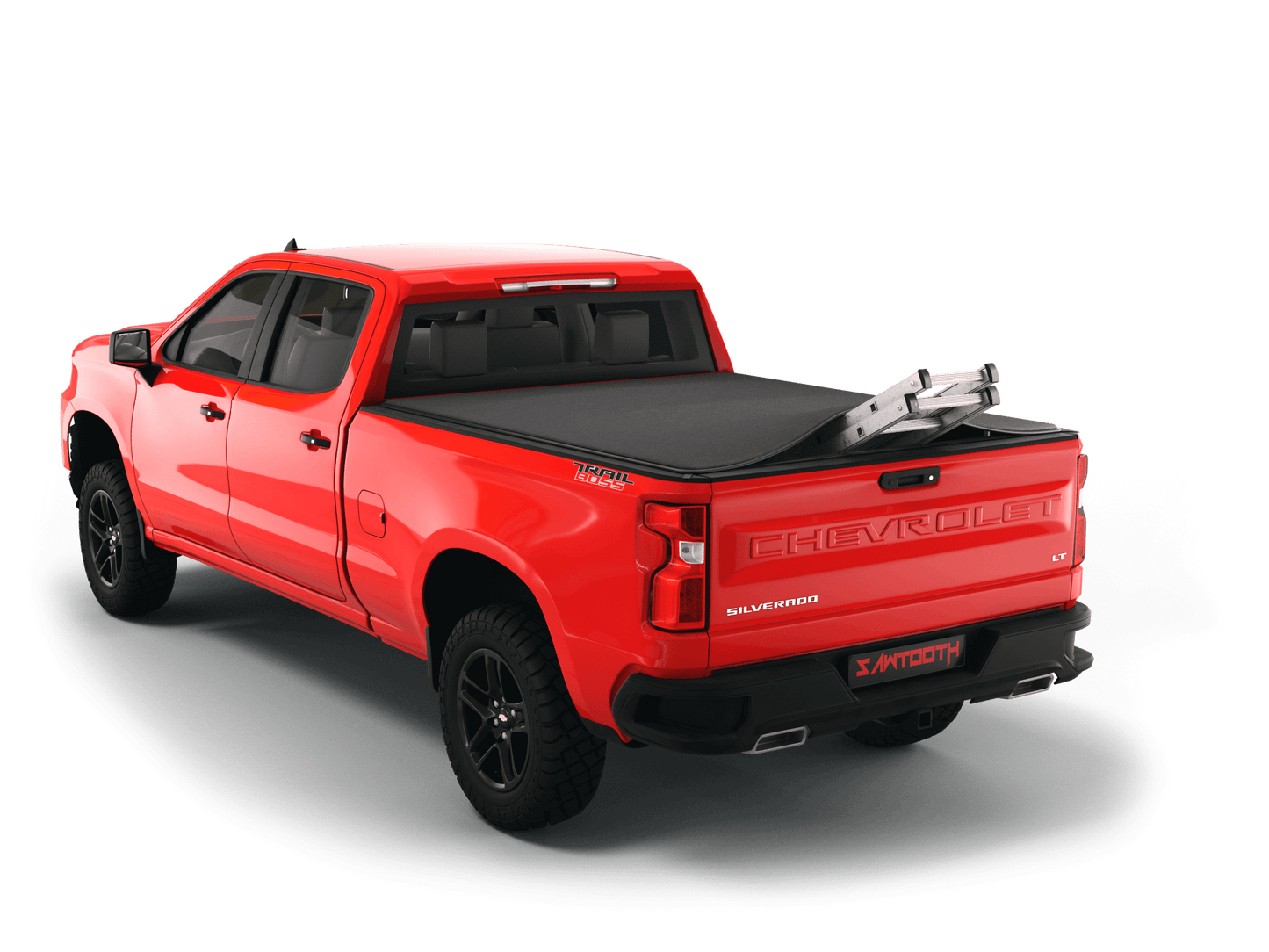 Red Chevrolet Silverado 2500HD / 3500 HD / GMC Sierra 2500HD / 3500HD with ladder sticking out of Sawtooth Stretch expandable truck bed cover