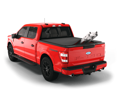 Red Ford F-250 / Ford F-350 with ladder sticking out of Sawtooth Stretch expandable truck bed cover