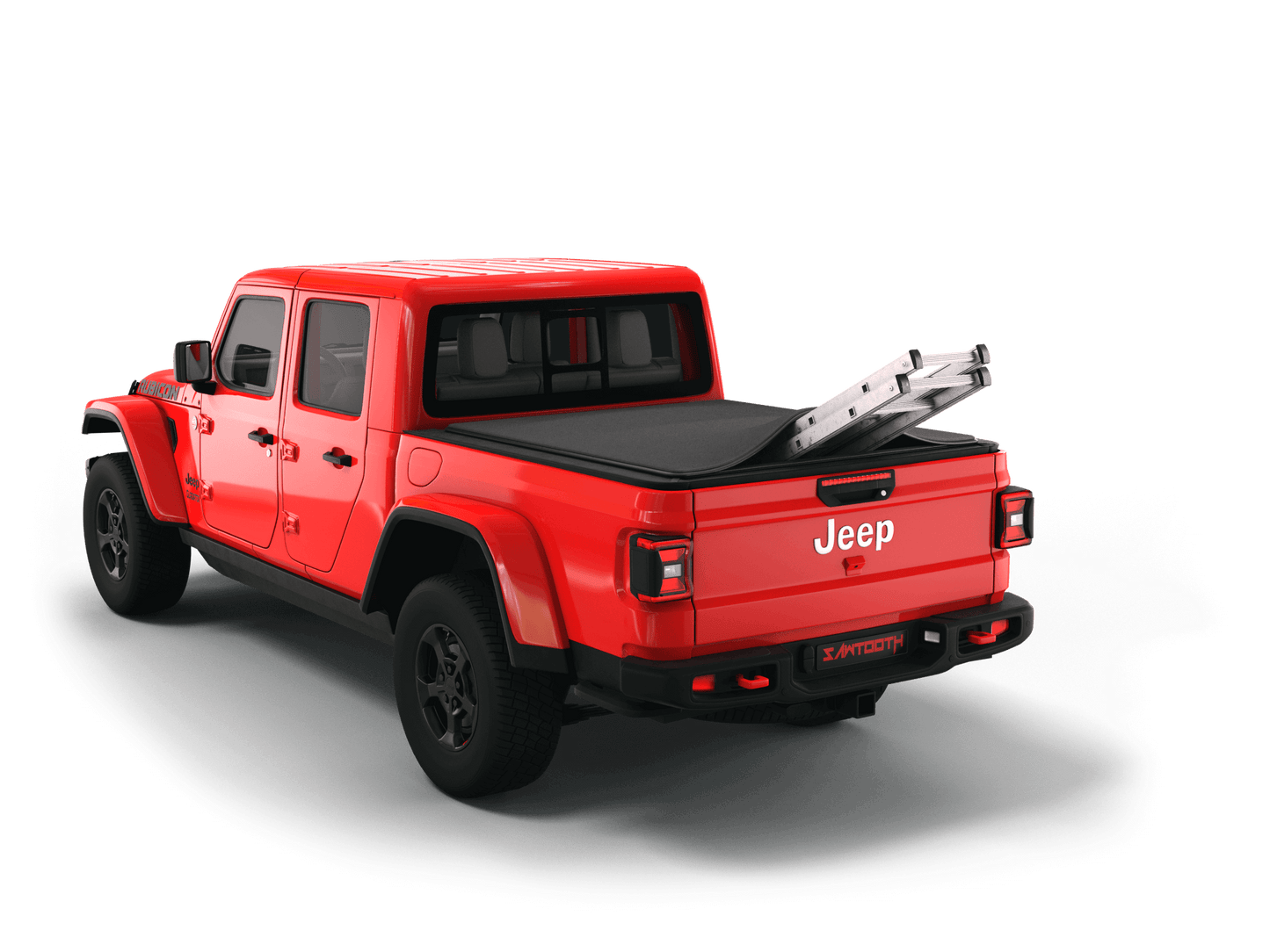 Red Jeep Gladiator with ladder sticking out of Sawtooth Stretch expandable truck bed cover