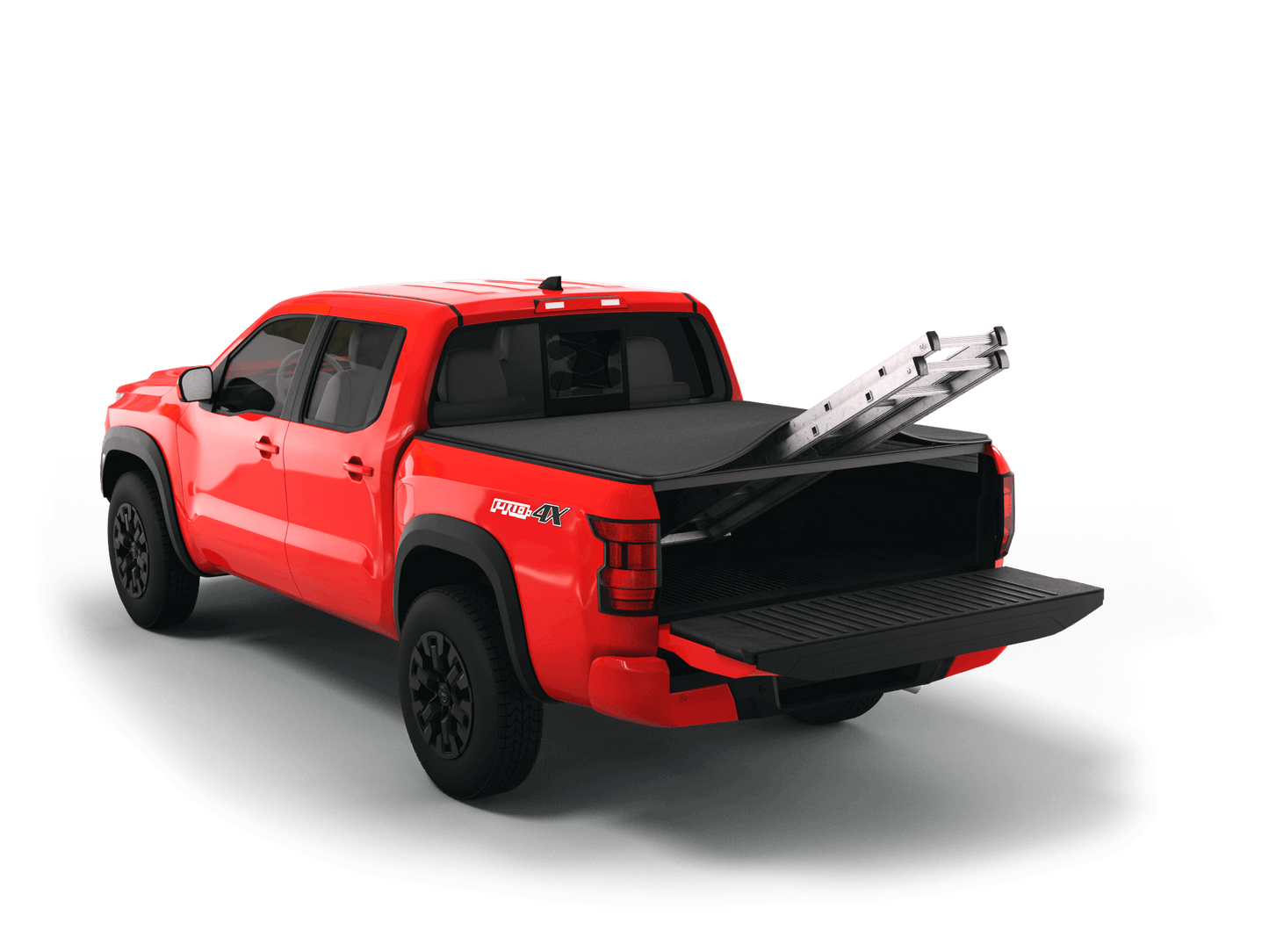 Red Nissan Frontier with Sawtooth Stretch expandable tonneau cover rolled up at cab