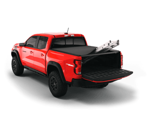 Red 2024 Chevrolet Colorado 5' 2" Bed / GMC Canyon 5' 2" Bed with Sawtooth Stretch expandable tonneau covering ladder with tailgate open