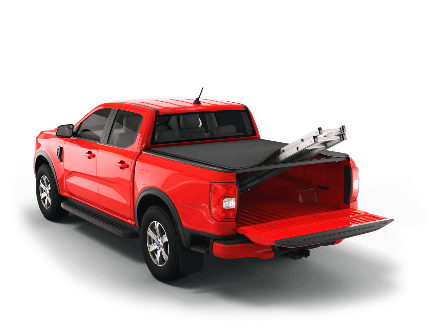 A red pickup truck shown from a rear three-quarter angle on a clean white background, with a black Sawtooth STRETCH tonneau cover over the bed and a silver ladder resting inside the open tailgate area.