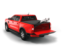 Load image into Gallery viewer, Red 2025 Ford Ranger 5&#39; Bed with Sawtooth Stretch expandable soft roll up tonneau cover with ladder and open tailgate 

