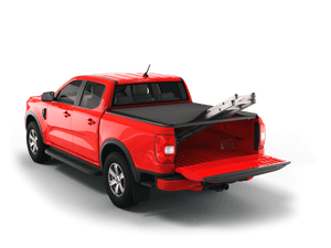 Red 2025 Ford Ranger 5' Bed with Sawtooth Stretch expandable soft roll up tonneau cover with ladder and open tailgate 