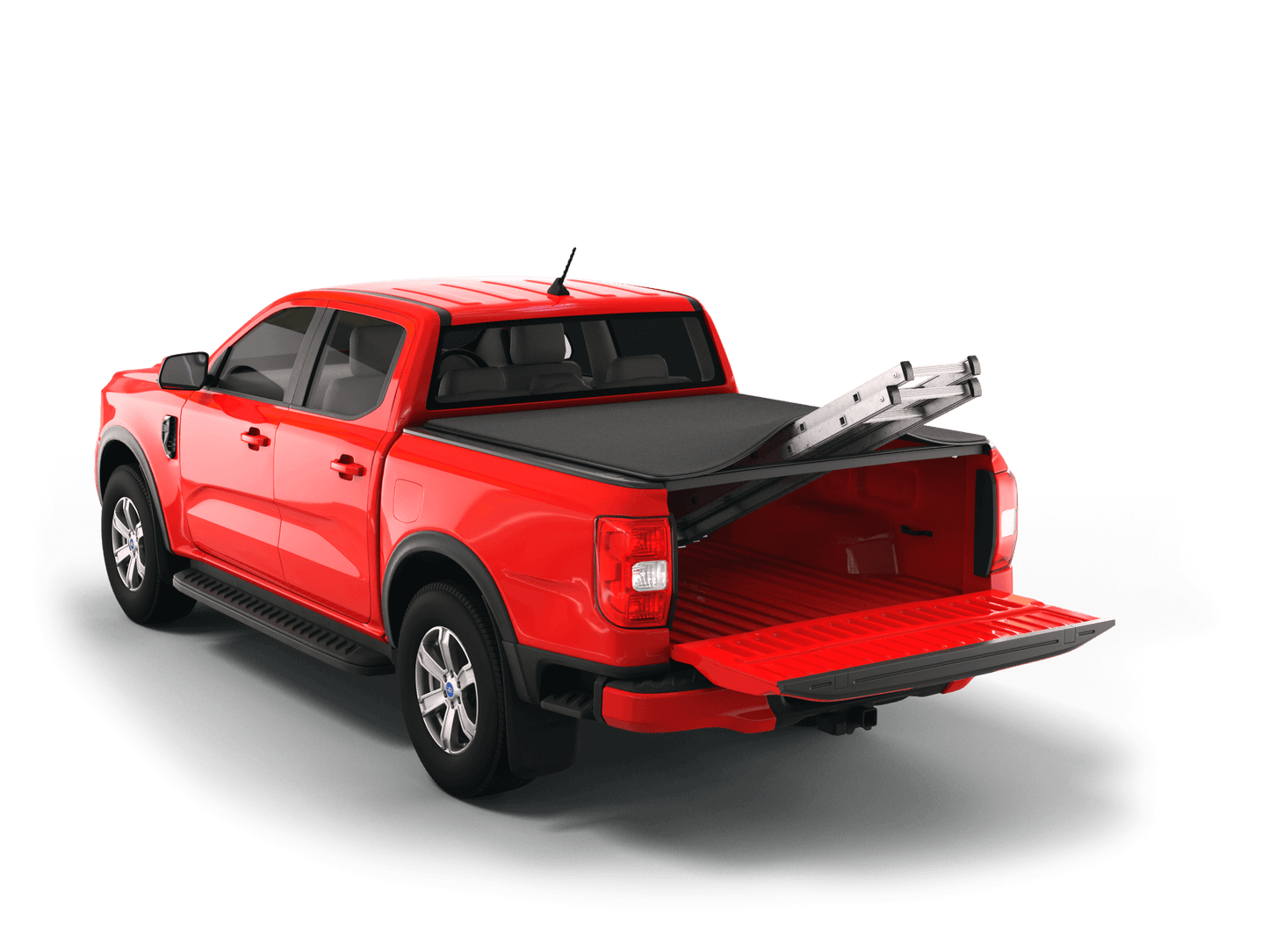 Red Ford Ranger with Sawtooth Stretch expandable tonneau cover rolled up at cab
