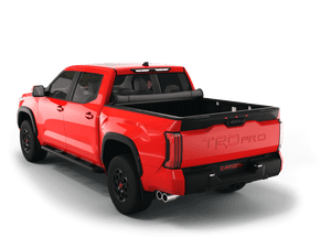 Red 2024 Toyota Tundra 6' 6" Bed with Sawtooth Stretch expandable soft roll up tonneau cover with ladder and open tailgate 
