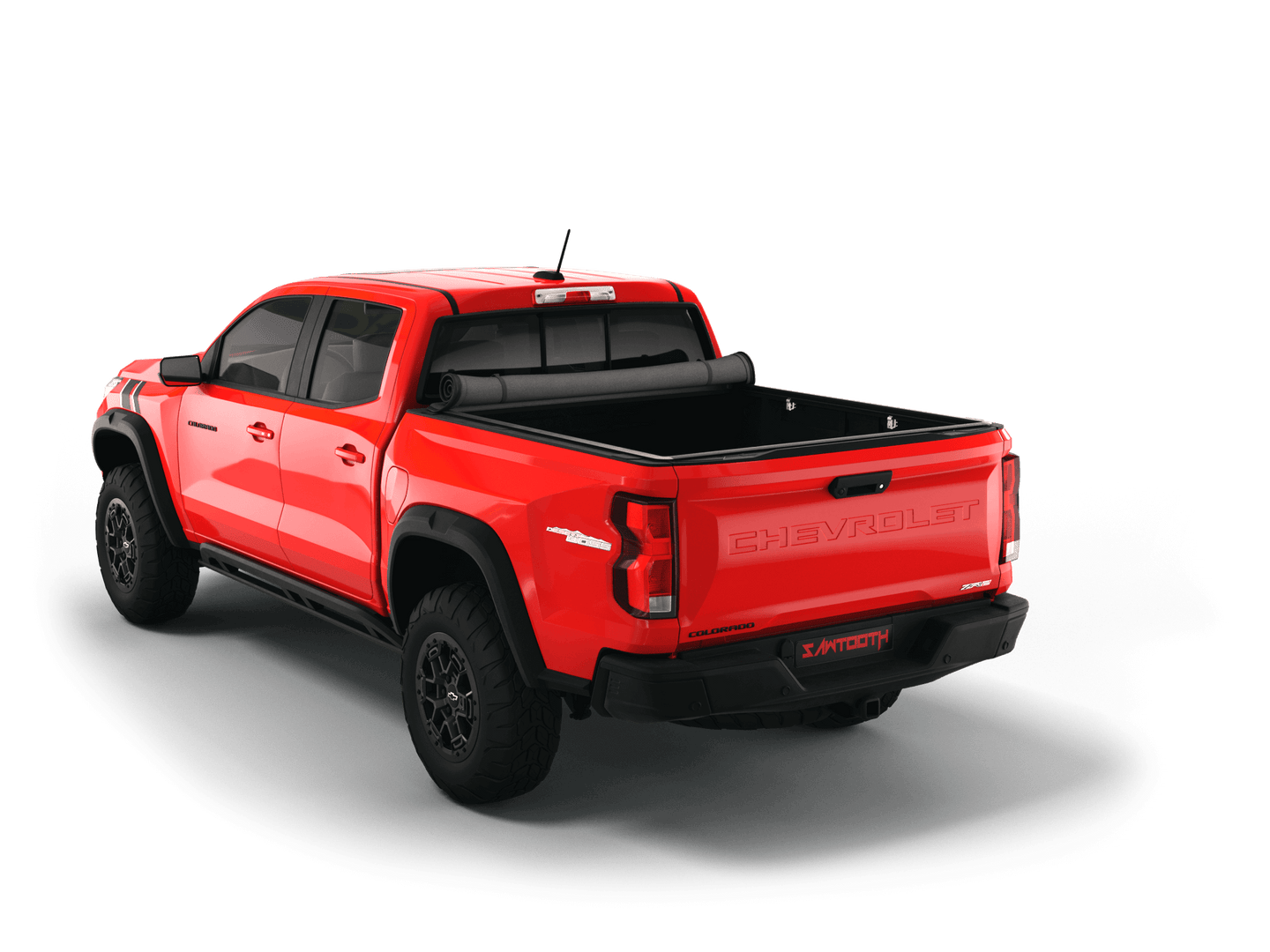 Red Chevrolet Colorado / GMC Canyon with Sawtooth Stretch expandable soft roll up tonneau cover with ladder and open tailgate 