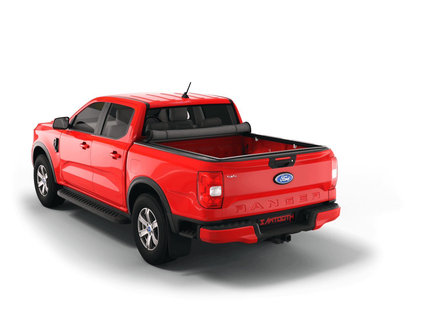 Red Ford Ranger with Sawtooth Stretch expandable soft roll up tonneau cover with ladder and open tailgate 