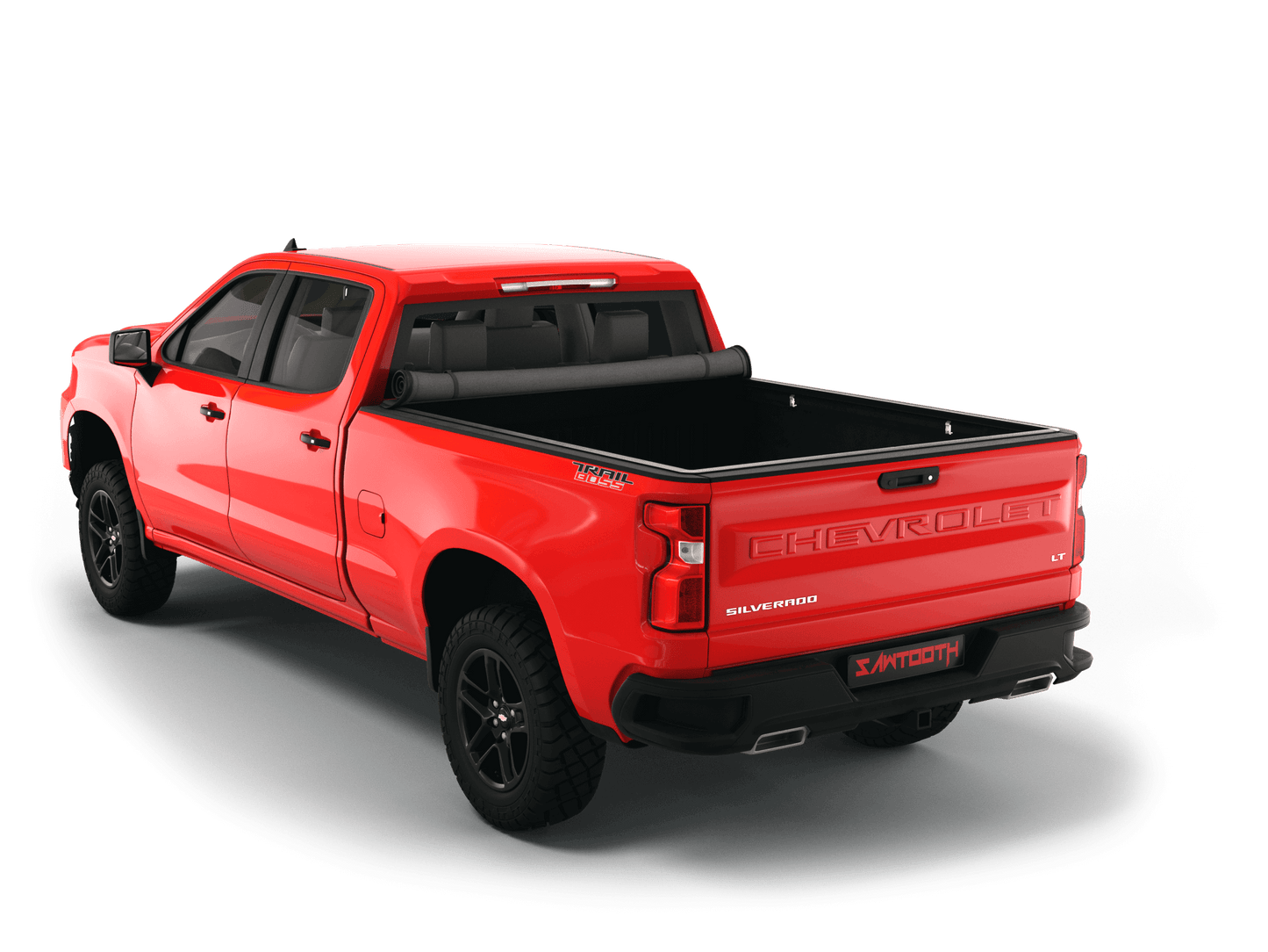 Red Chevrolet Silverado 1500 / GMC Sierra 1500 with Sawtooth Stretch expandable soft roll up tonneau cover with ladder and open tailgate 