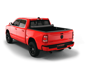 Red 2023 Ram 1500 6' 4" Bed with Sawtooth Stretch expandable tonneau cover rolled up at cab