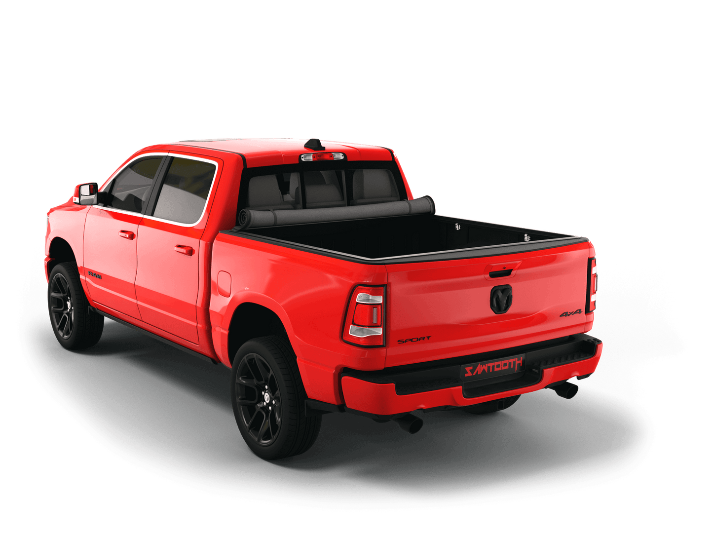 Red Ram 3500 with Sawtooth Stretch expandable soft roll up tonneau cover with ladder and open tailgate 