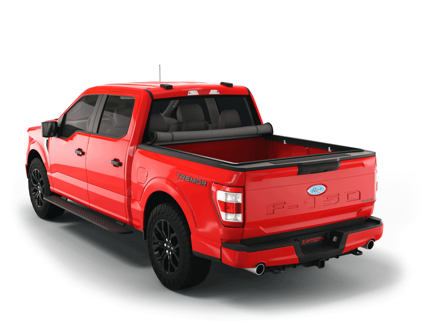 Red Ford F-150 with Sawtooth Stretch expandable soft roll up tonneau cover with ladder and open tailgate 