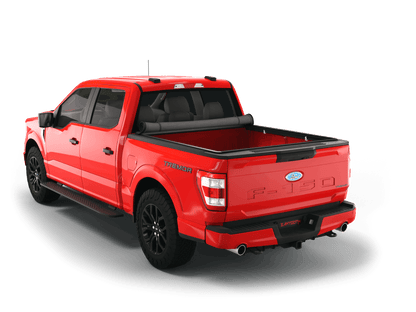 Red Ford F-250 / Ford F-350 with Sawtooth Stretch expandable soft roll up tonneau cover with ladder and open tailgate 