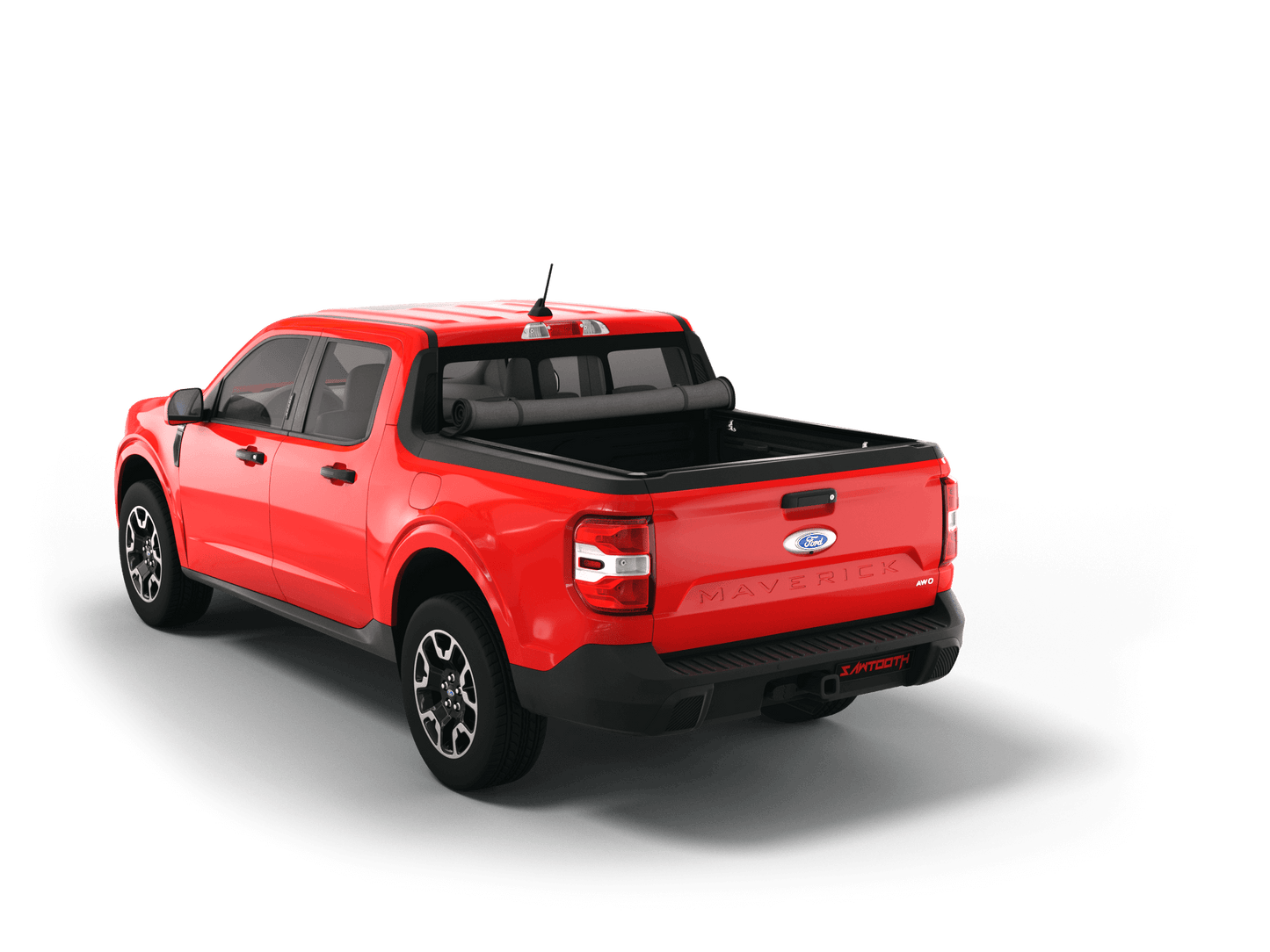 Red 2023 Ford Maverick with Sawtooth Stretch expandable soft roll up tonneau cover with ladder and open tailgate 