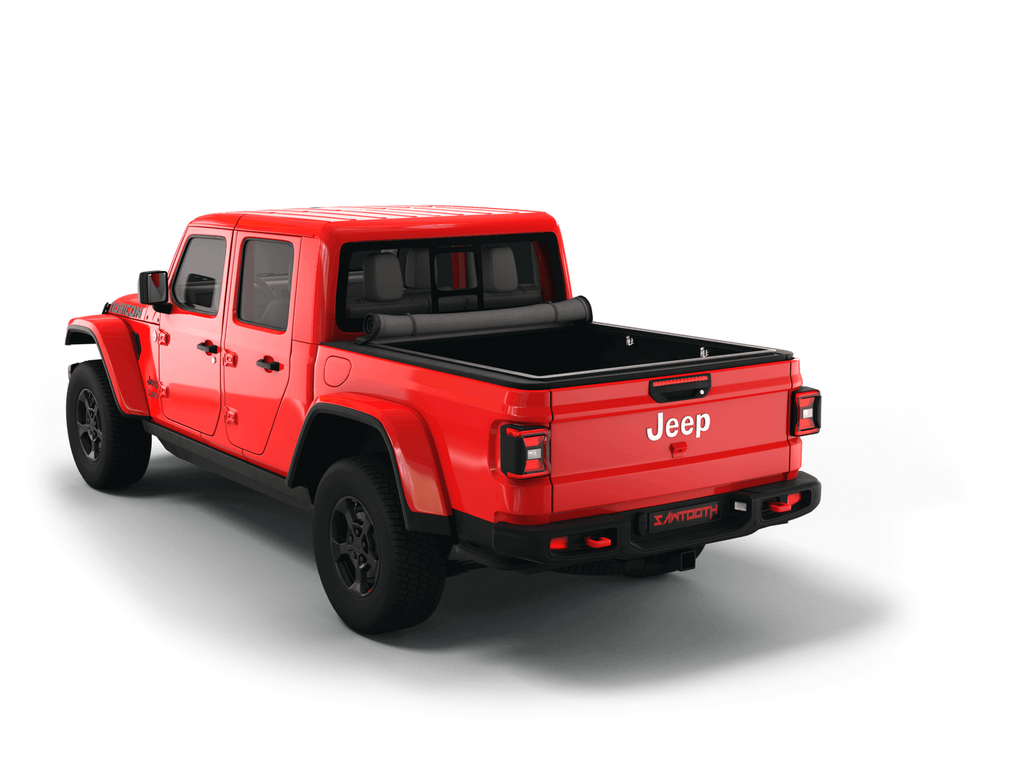Red Jeep Gladiator with Sawtooth Stretch expandable soft roll up tonneau cover with ladder and open tailgate 