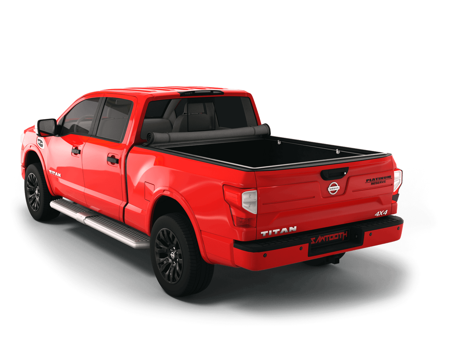 Red Nissan Titan with Sawtooth Stretch expandable soft roll up tonneau cover with ladder and open tailgate 