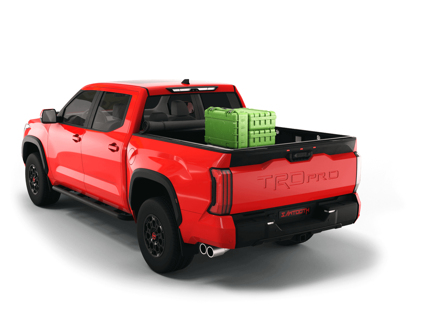 Red Toyota Tundra with gear in the truck bed and the Sawtooth Stretch tonneau cover rolled up at cab 