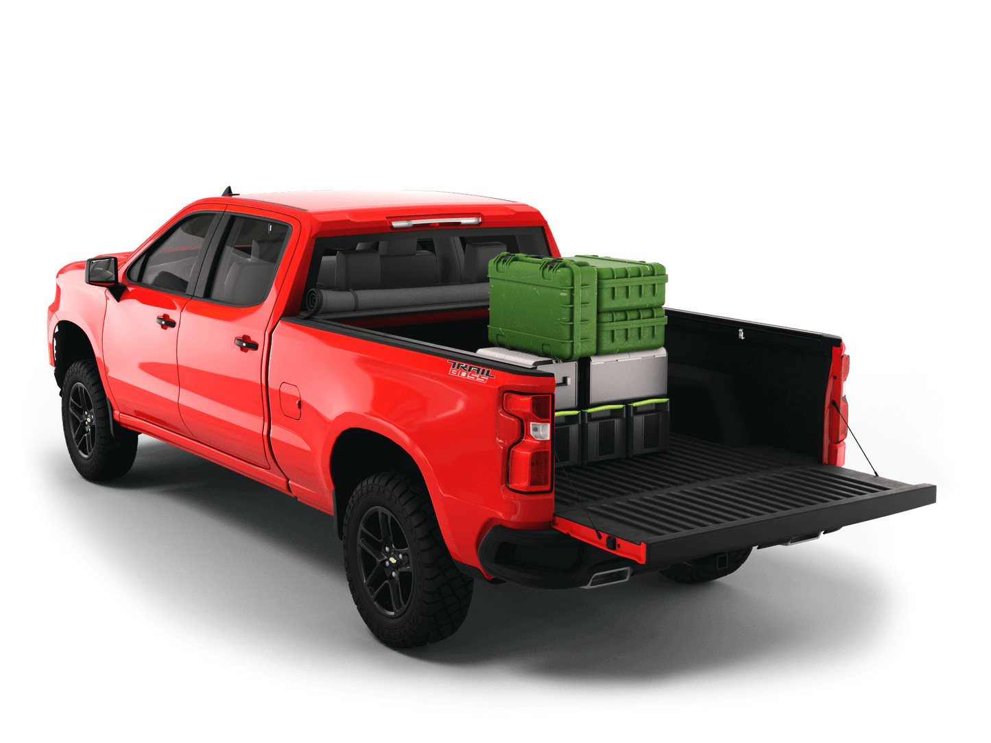 Red Chevrolet Silverado 1500 / GMC Sierra 1500 with gear in the truck bed and the Sawtooth Stretch tonneau cover rolled up at cab 