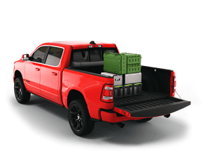Red 2024 Ram 1500 6' 4" Bed with Sawtooth Stretch expandable soft roll up tonneau cover with ladder and open tailgate 
