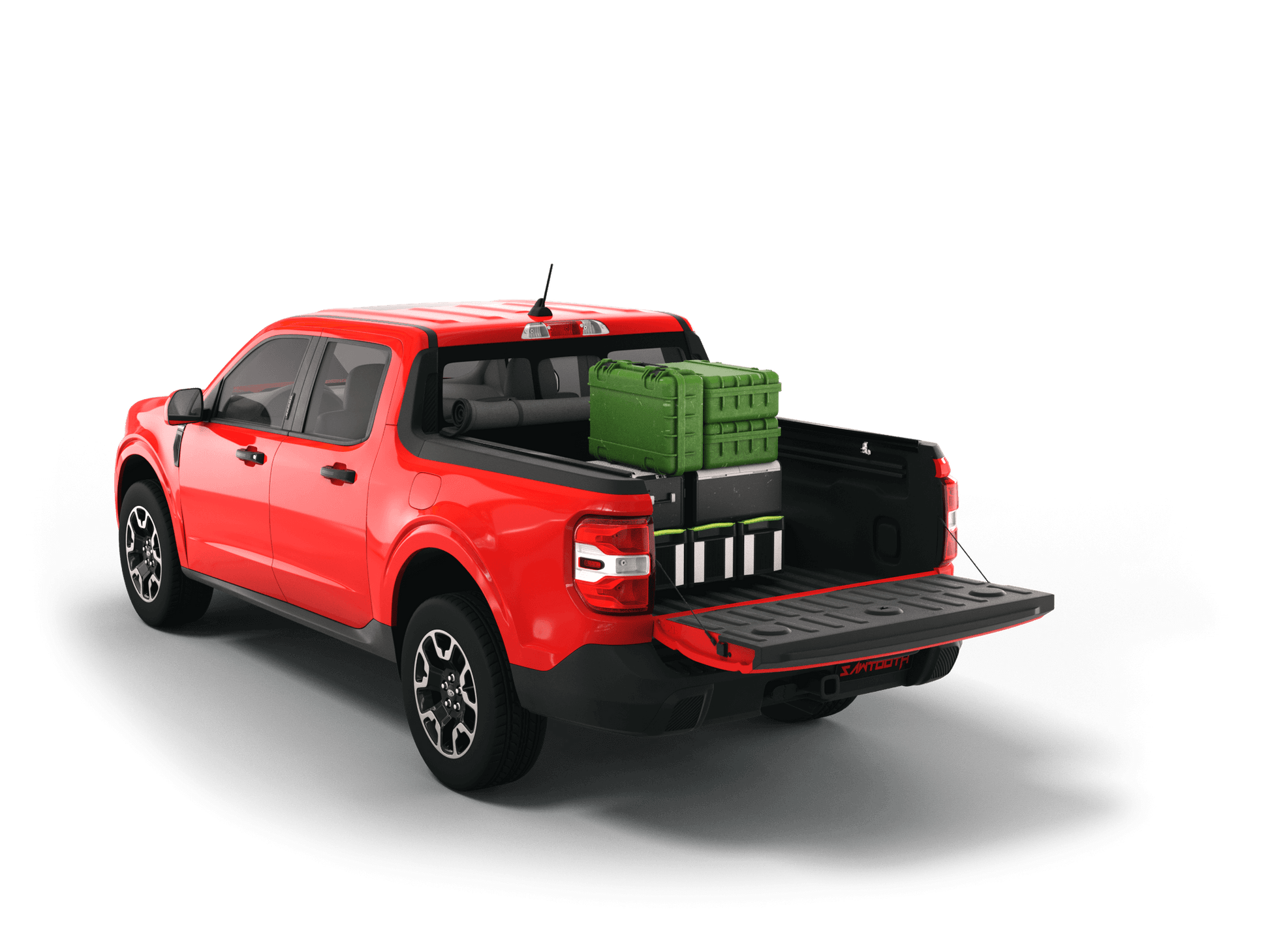 Red 2024 Ford Maverick with gear in the truck bed and the Sawtooth Stretch tonneau cover rolled up at cab 